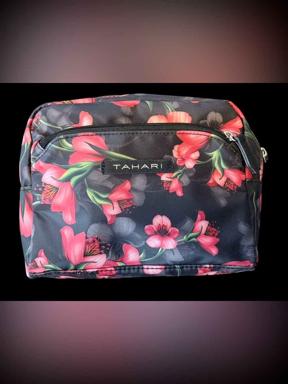 Tahari Floral Makeup Cosmetic Travel Toiletry Bag Double Zip Organizer Black